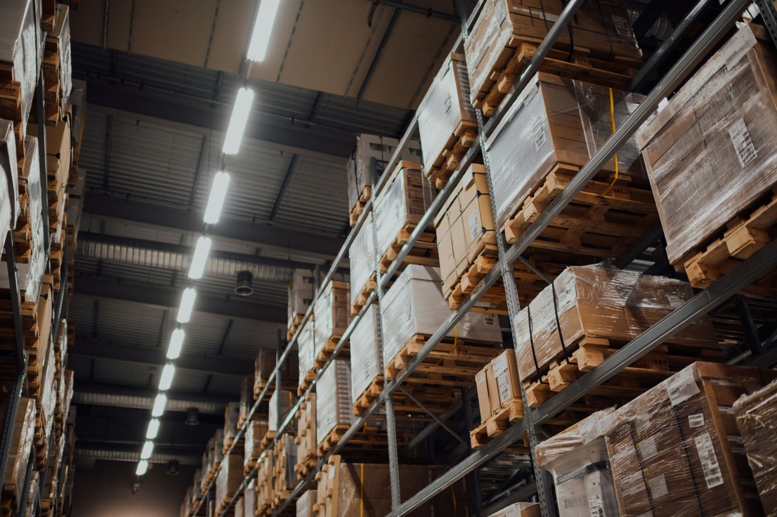 Warehouse filled with supplies on metal shelves