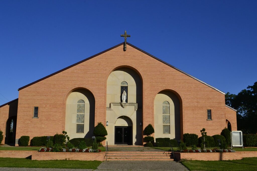 A fellowship hall under a blue sky