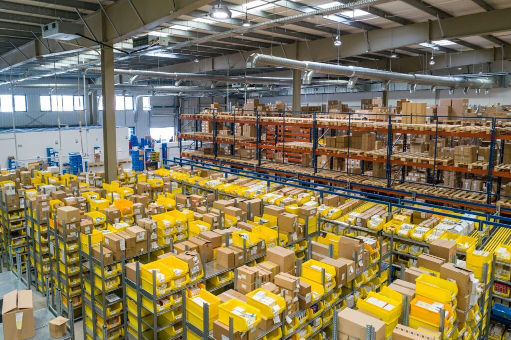 A steel warehouse filled with inventory.