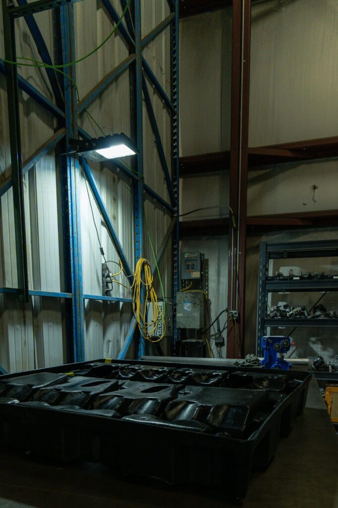 A warehouse with metal beams.