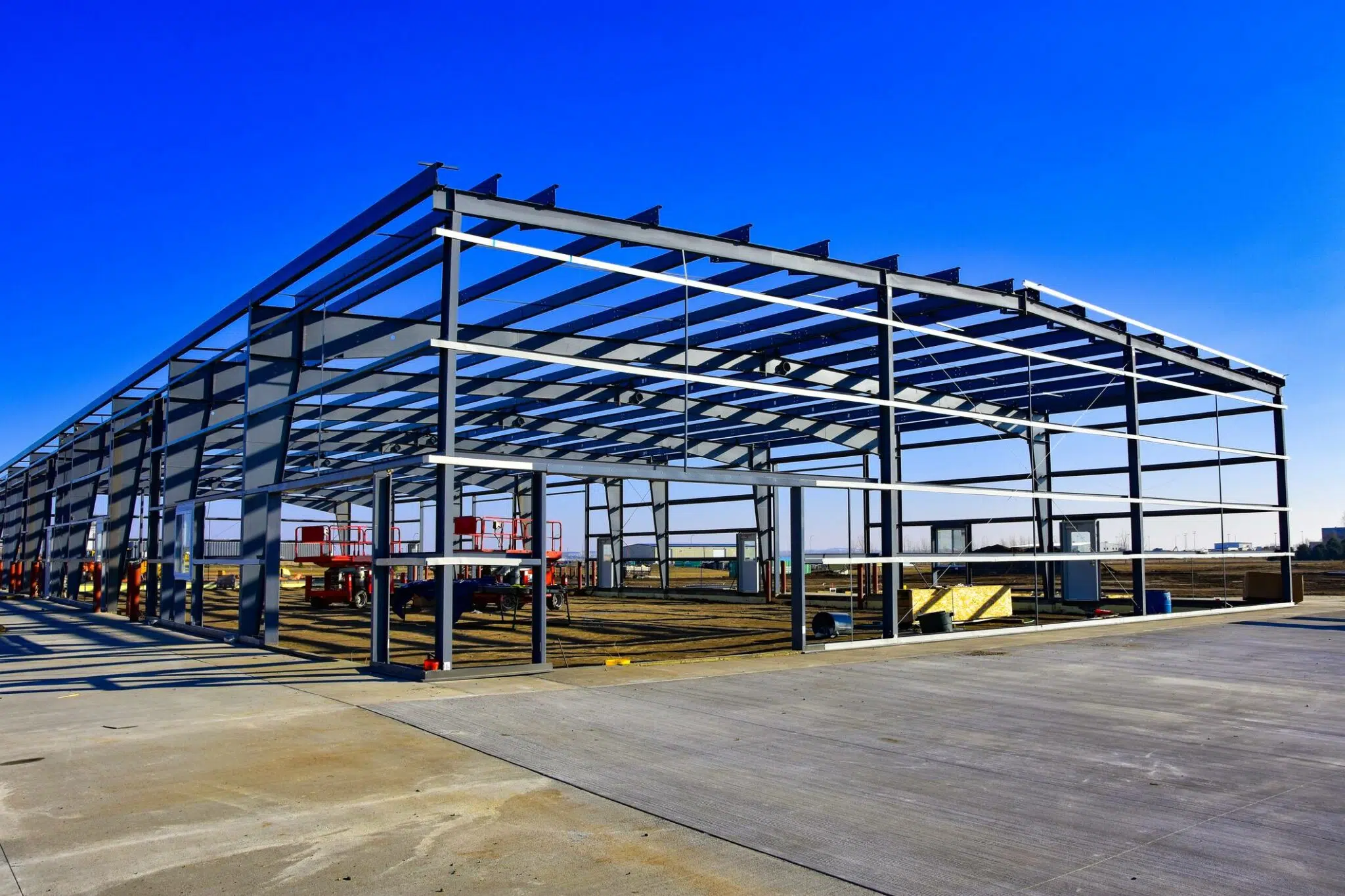 Prefabricated metal building mid-construction steel frame