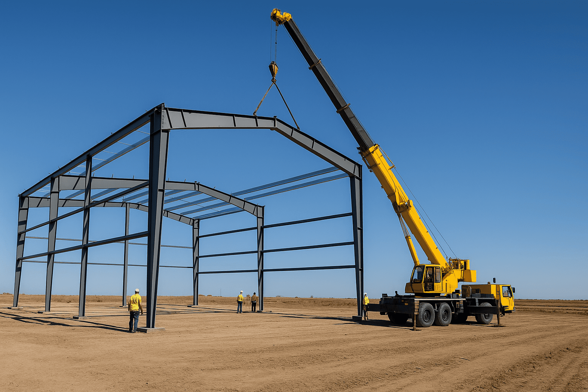 Steel frame of a PEMB building being erected with a crane under clear skies, showcasing the early construction phase of a pre-engineered metal building – PEMB vs cold-formed steel buildings.