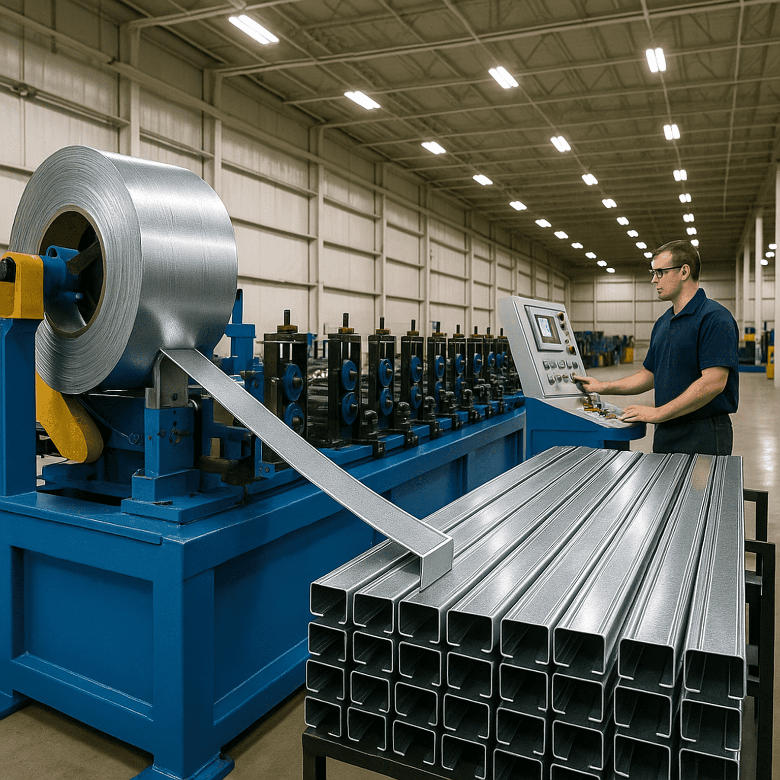 Operator using a roll-forming machine to produce cold-formed steel framing components inside a manufacturing facility – PEMB vs cold-formed steel buildings.