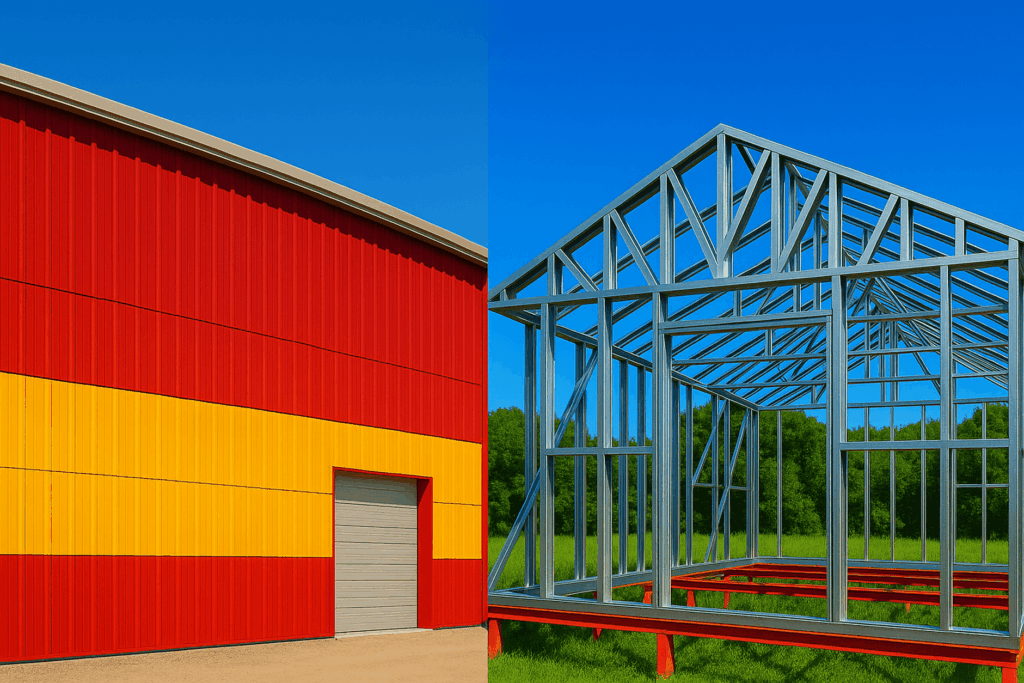 Side-by-side comparison of a finished red and yellow PEMB building and an under-construction cold-formed steel structure, illustrating key differences in framing and exterior finish – PEMB vs cold-formed steel buildings.