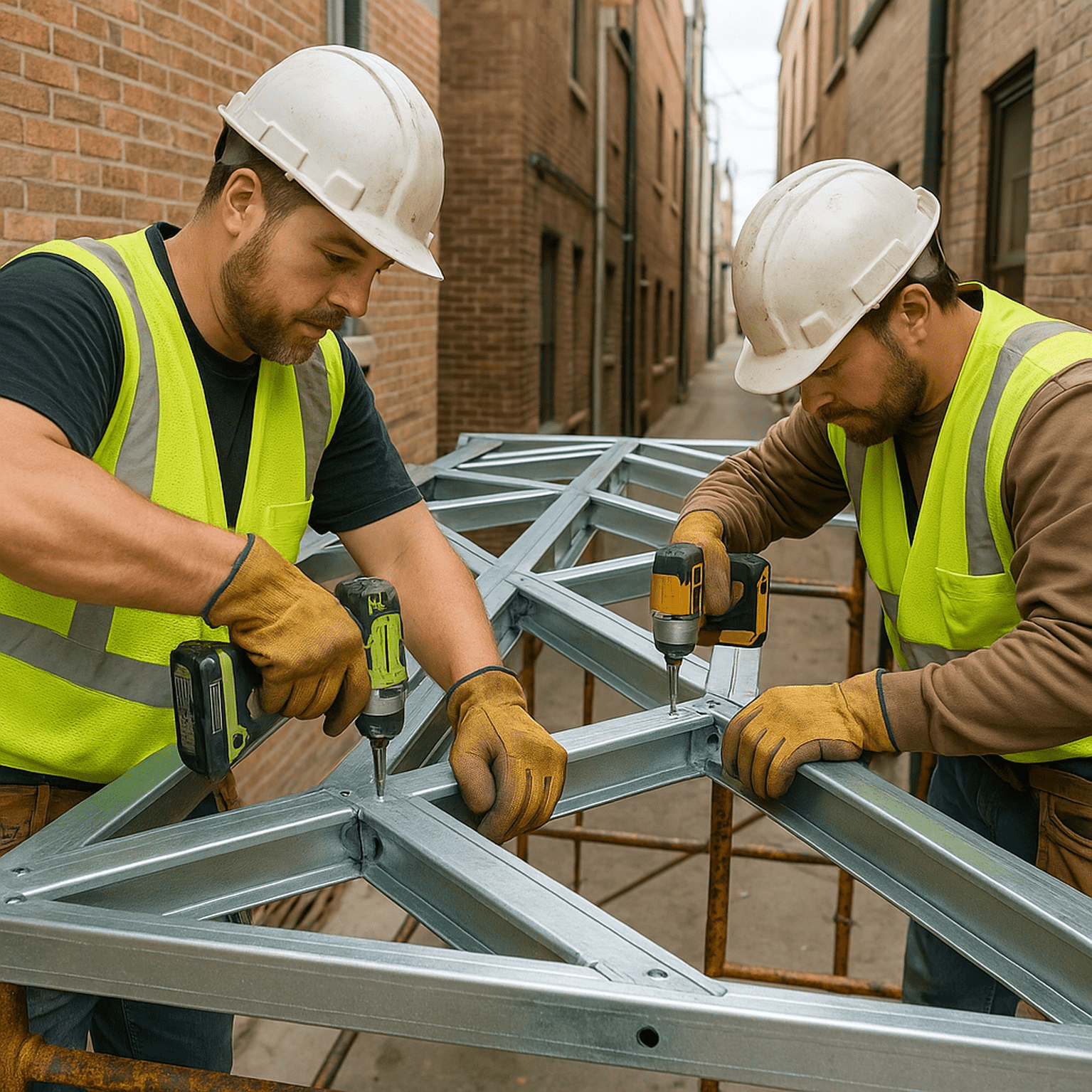 Two construction workers assembling cold-formed steel trusses in an urban alleyway, demonstrating hands-on fabrication and installation techniques – PEMB vs cold-formed steel buildings.