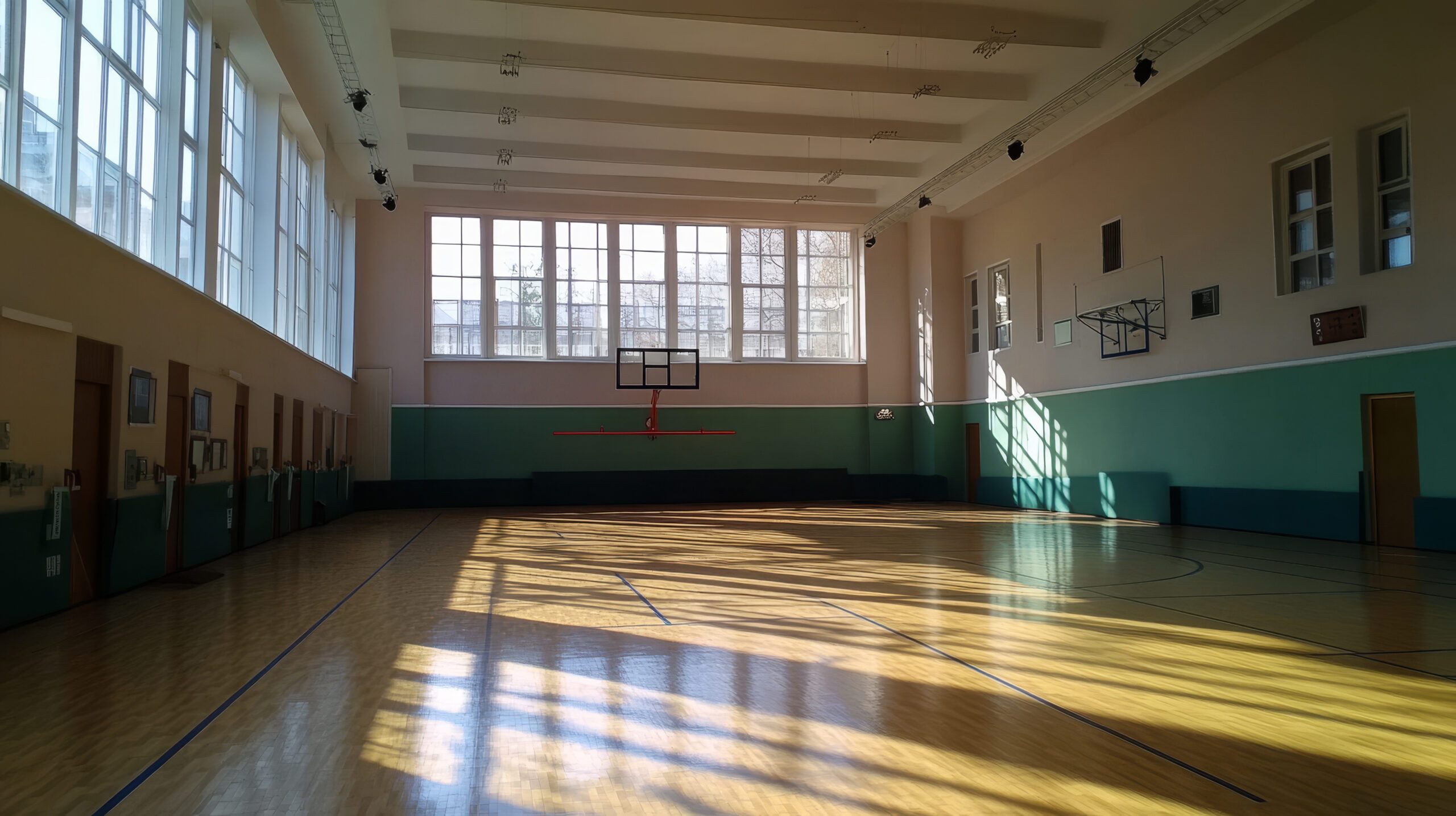indoor basketball gym with expansive windows