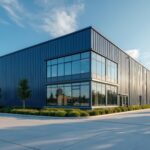 Modern blue warehouse exterior in industrial area. Metal clad facade with glass windows under bright blue sky. Commercial building for storage logistics and distribution industry.