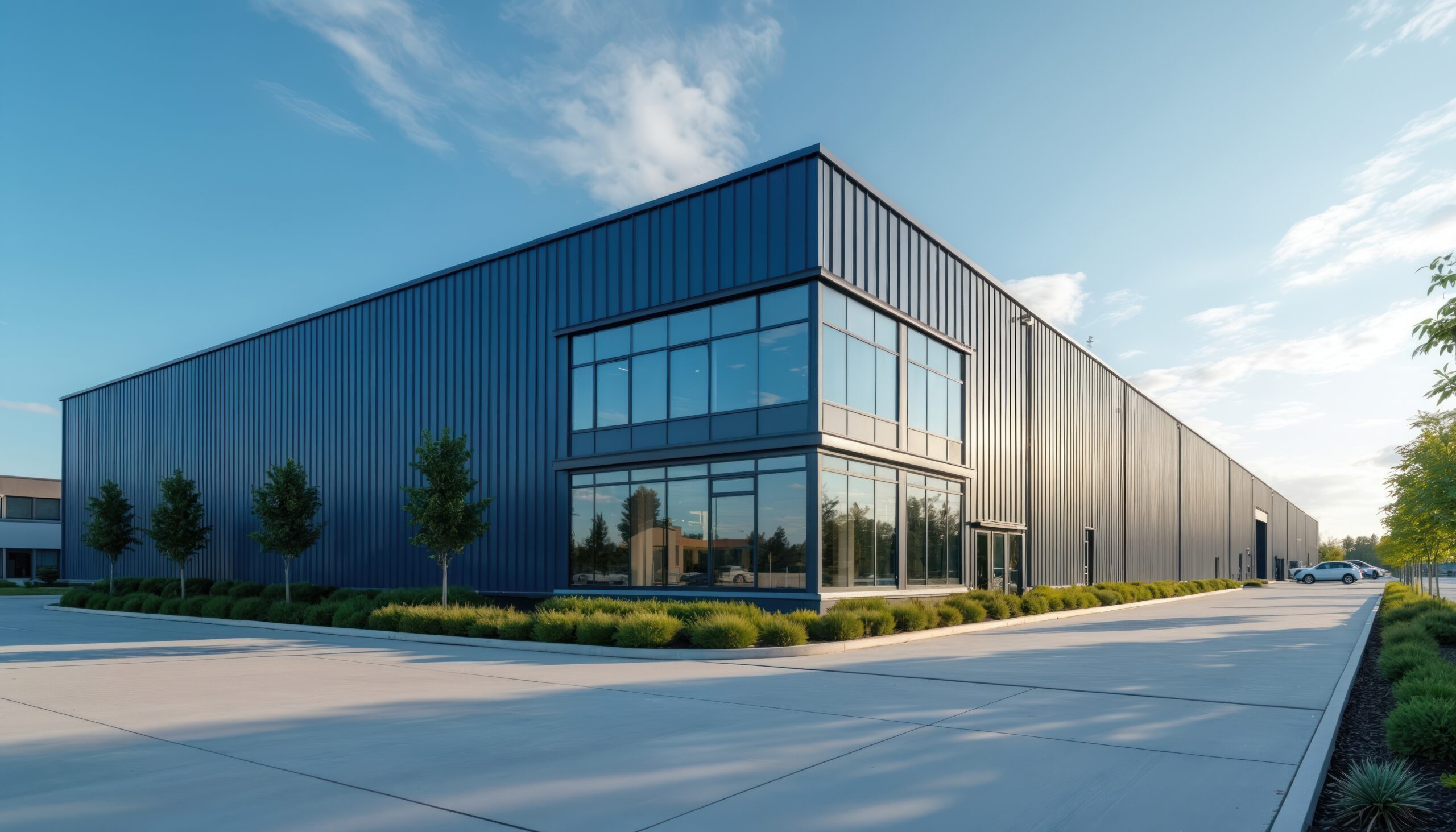 Modern blue warehouse exterior in industrial area. Metal clad facade with glass windows under bright blue sky. Commercial building for storage logistics and distribution industry.