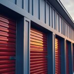 Outdoor metal self storage facility with red doors