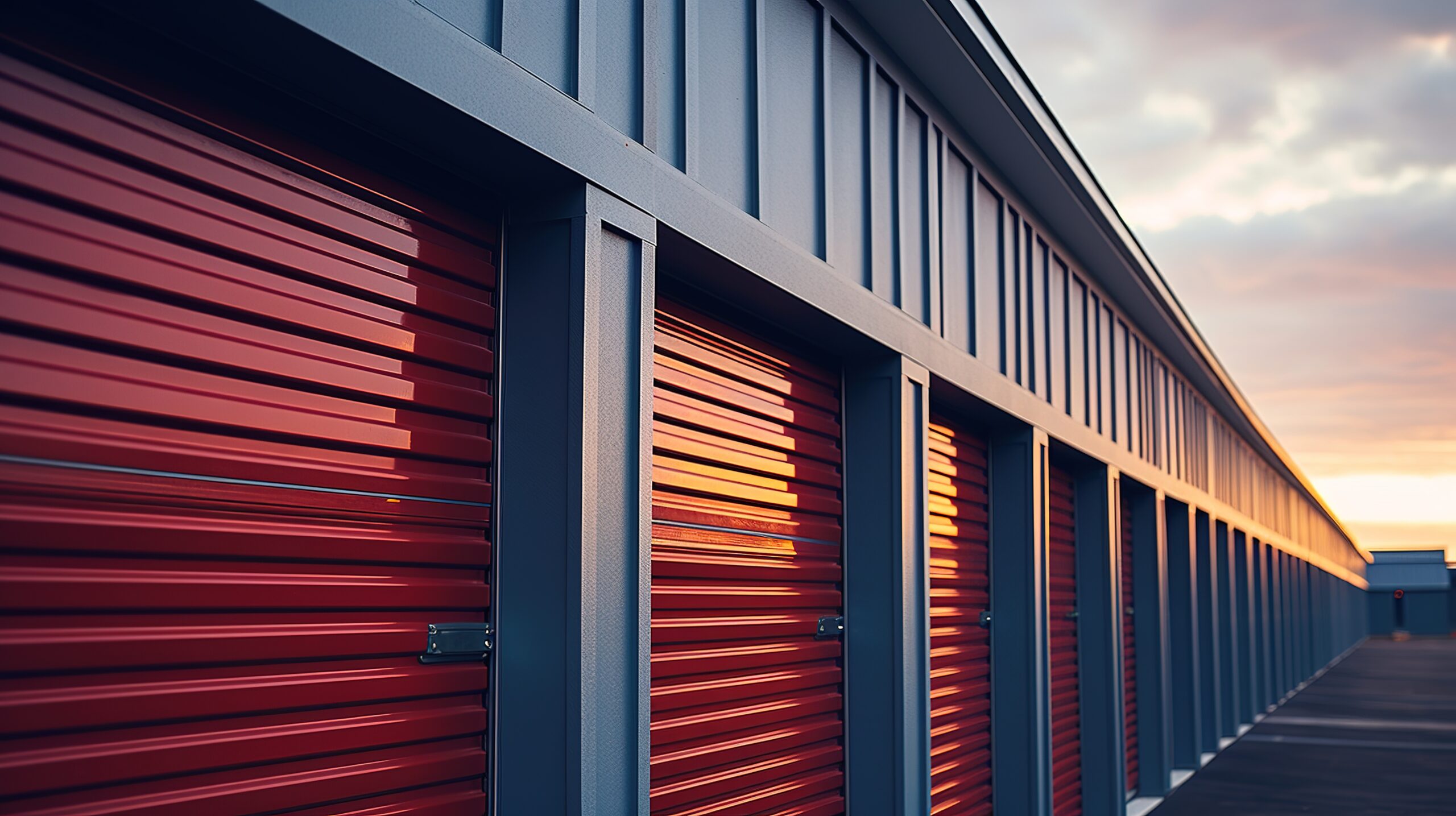 Outdoor metal self storage facility with red doors
