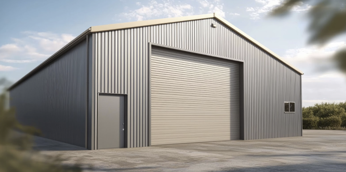 Steel Warehouse exterior with garage door and walk through door