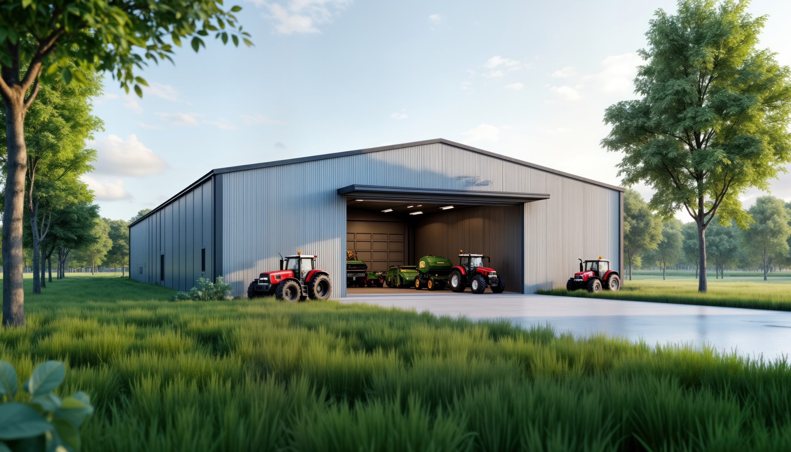 Modern agricultural storage facility. Large garage door. Tractors, farm equipment stored inside. Peaceful rural landscape with green field trees.