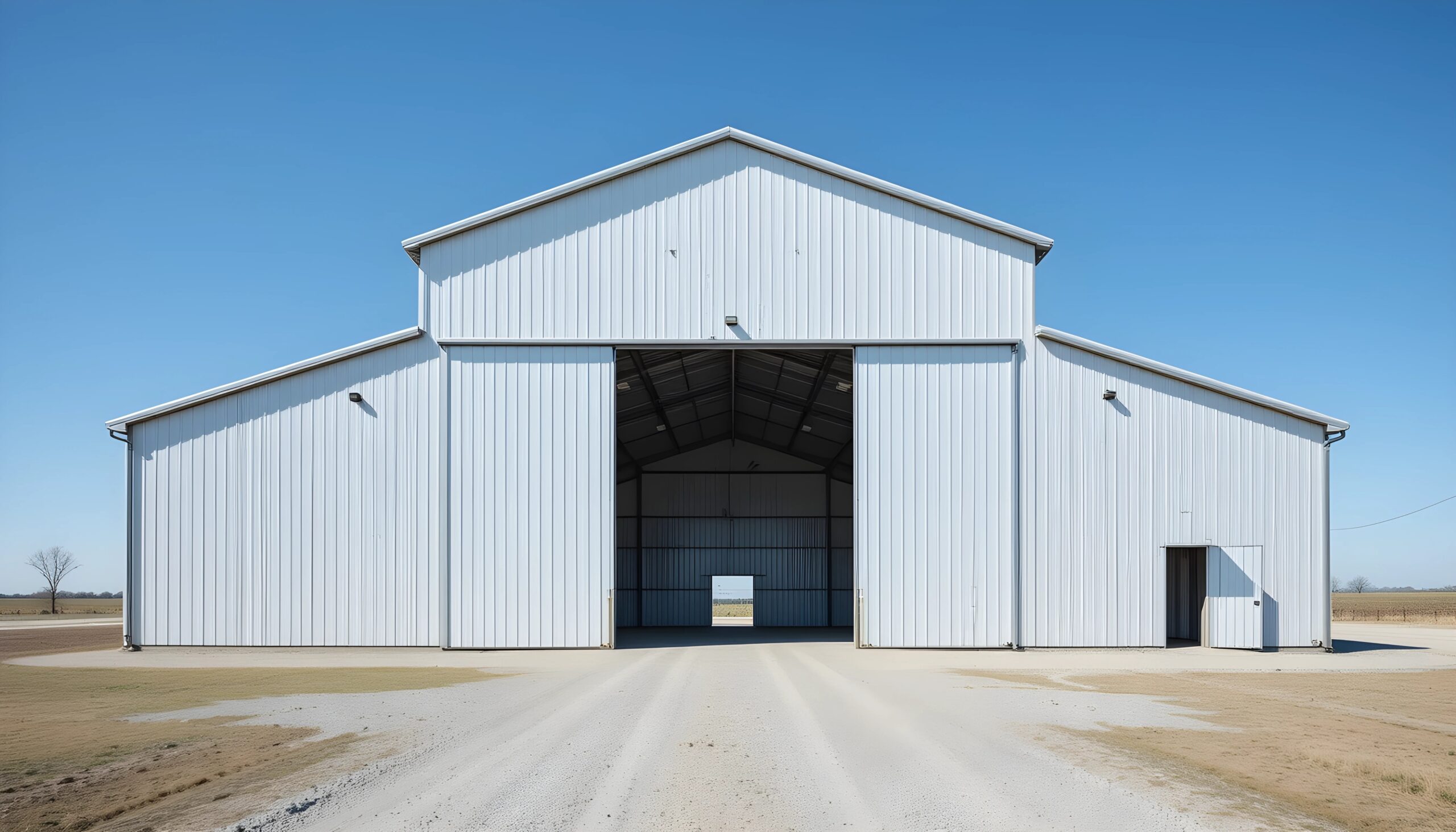 Large white metal barn with a wide open central entrance and a smaller side door, standing on a dirt road under a clear blue sky in a rural landscape.