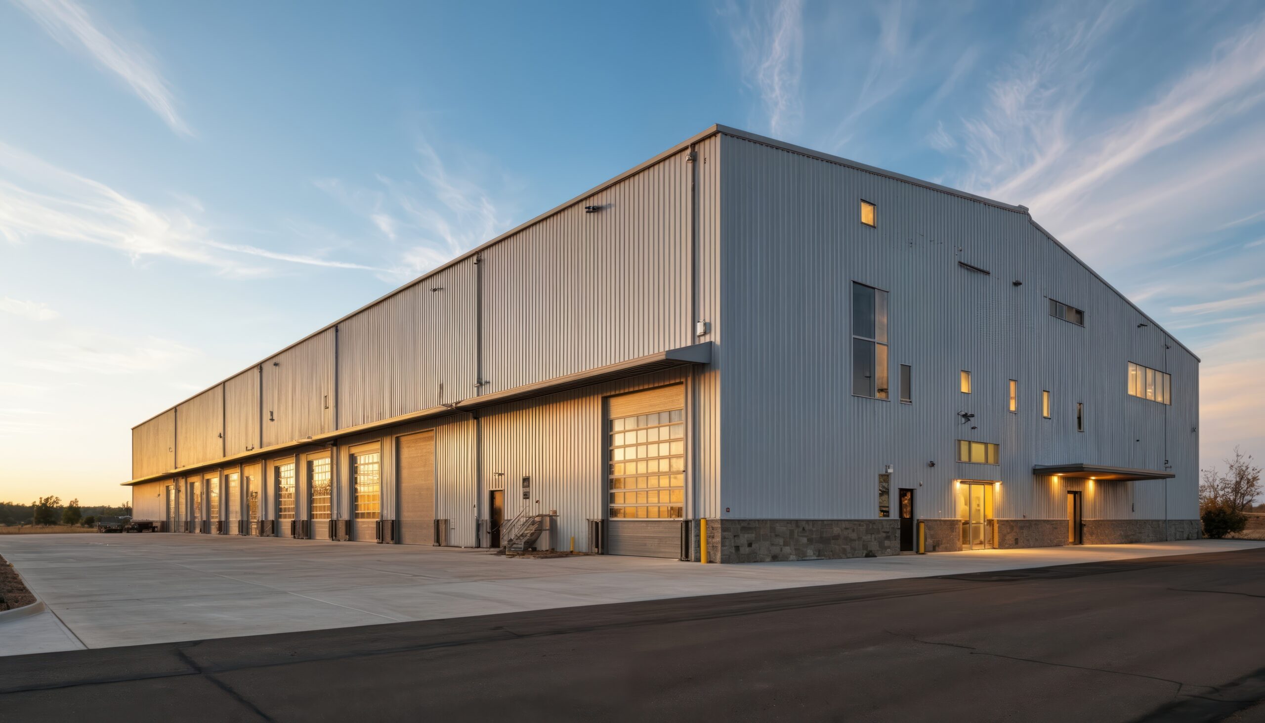 Modern industrial warehouse exterior with corrugated metal siding, multiple garage doors. Features clean, spacious design under bright sky, suitable for storage, manufacturing, logistics operations.