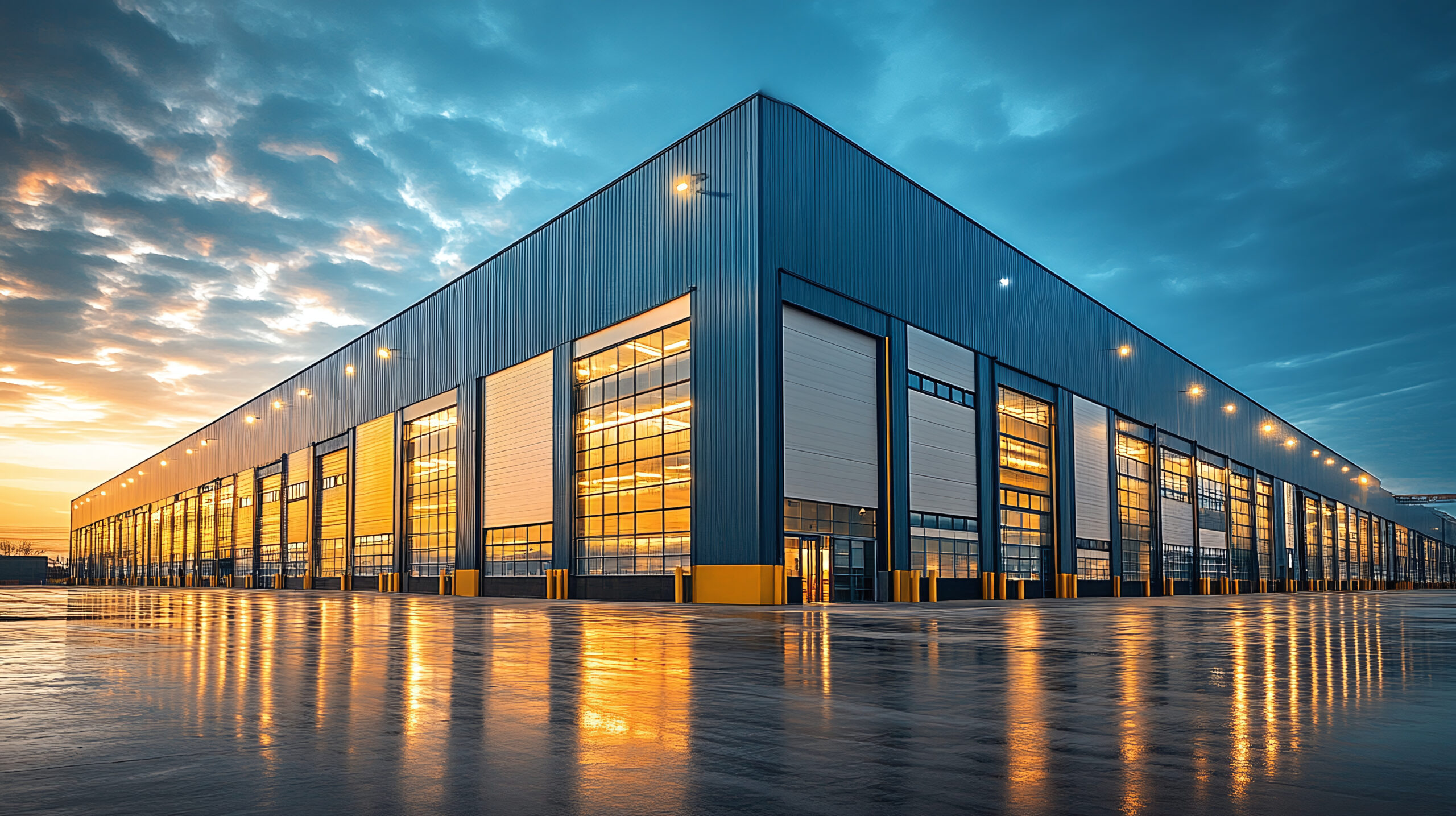 Exterior image of Commercial Building at dusk with lights on