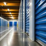Blue self storage units in a long hallway with a concrete floor