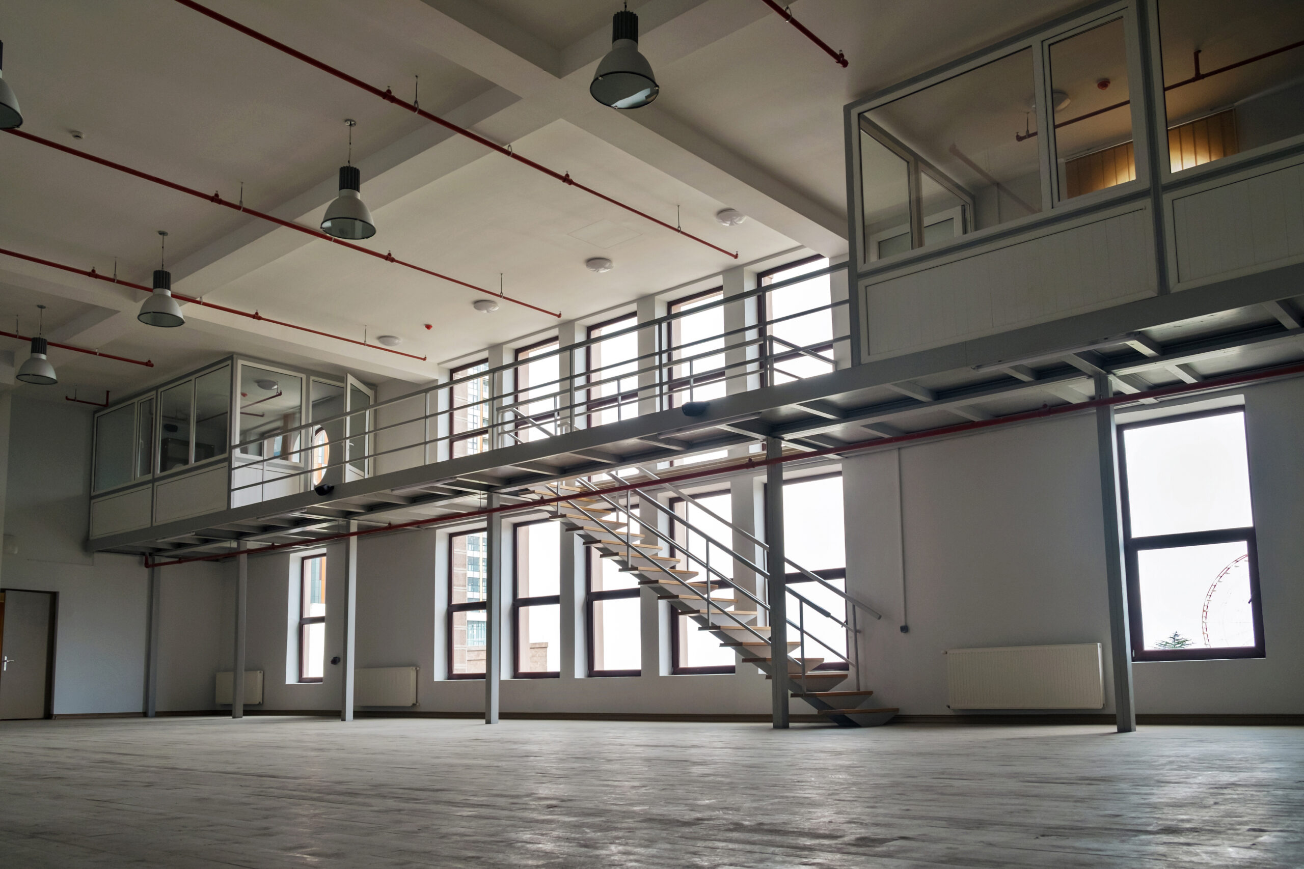 Interior of a large commercial building with mezzanine