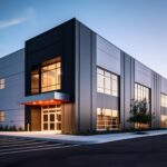 Sleek Steel Exterior of ModernOffice Building.