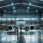 Inside Metal Aircraft Hangar with Maintenance crew walking around the plane