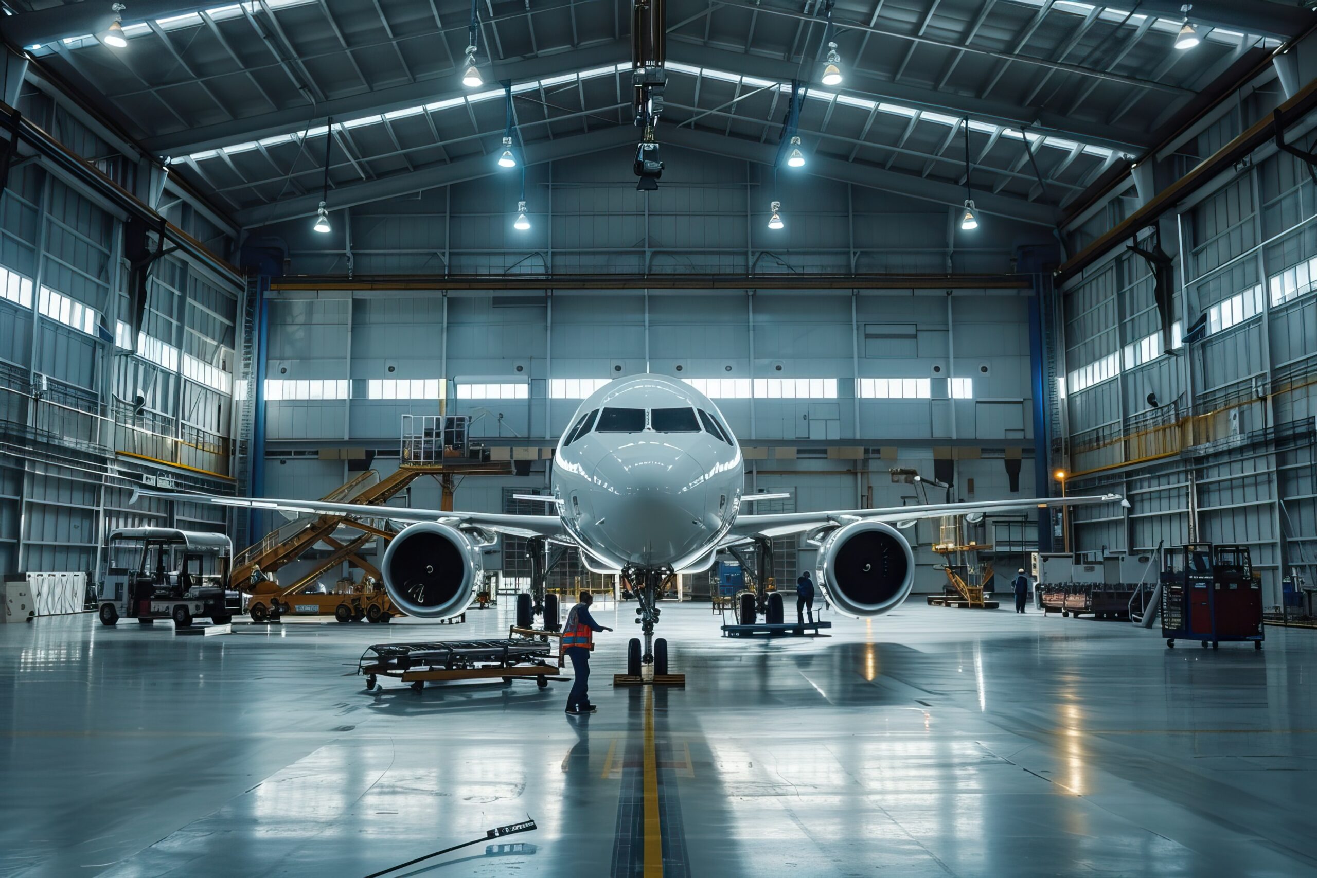 Inside Metal Aircraft Hangar with Maintenance crew walking around the plane