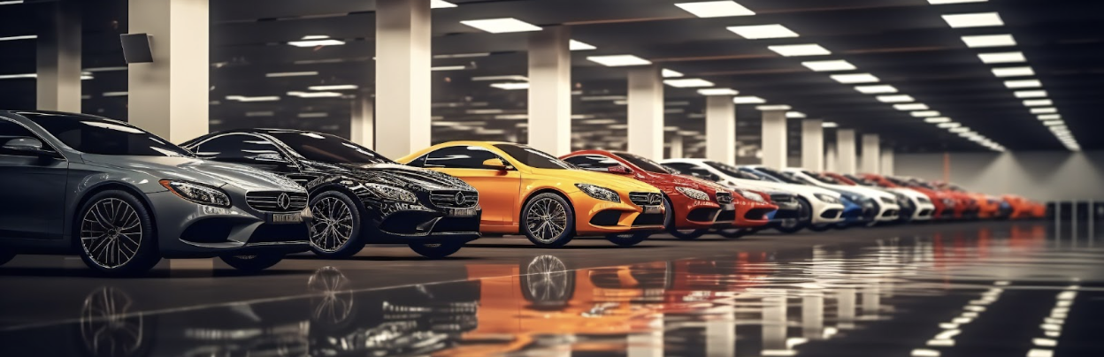 Inside large garage with nice cars parked within