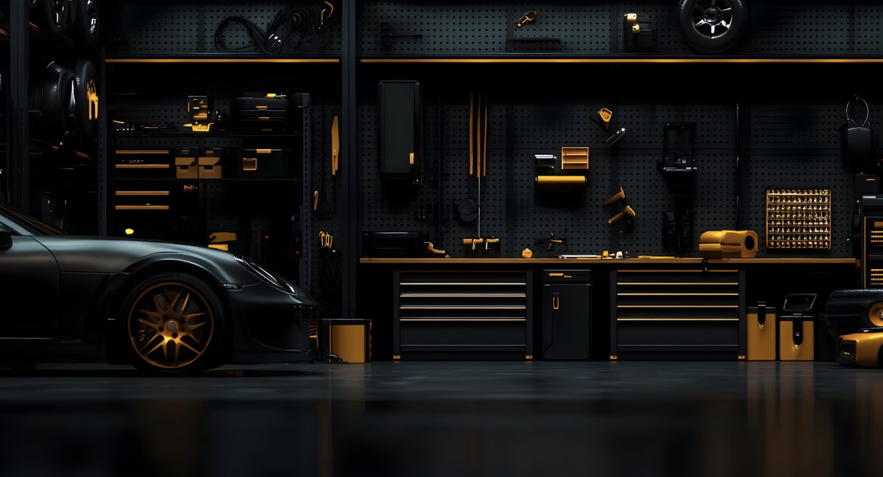 close up inside a garage with tools and a sportscar