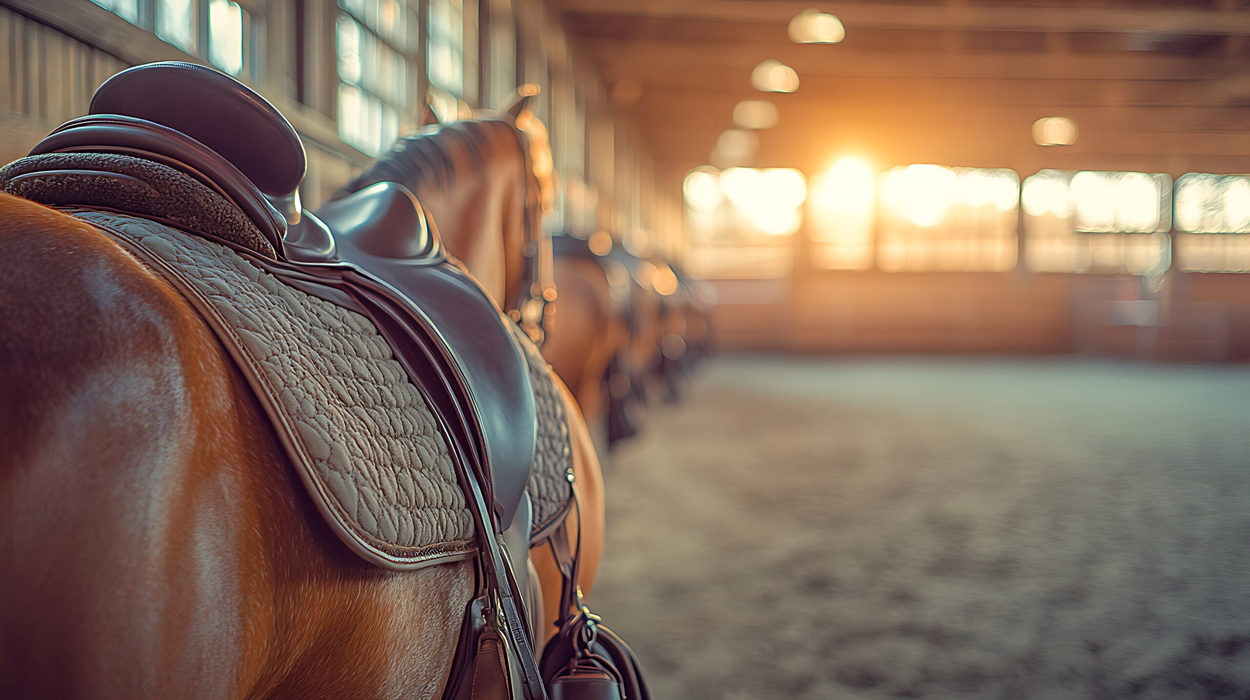 Horseback Riding Arena Saddle on Horse in the Sunlight.