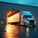 Large semi truck backs into illuminated warehouse loading dock. Trailer is bright white. Trucker operates vehicle in evening. Logistics hub prepares for cargo operations.