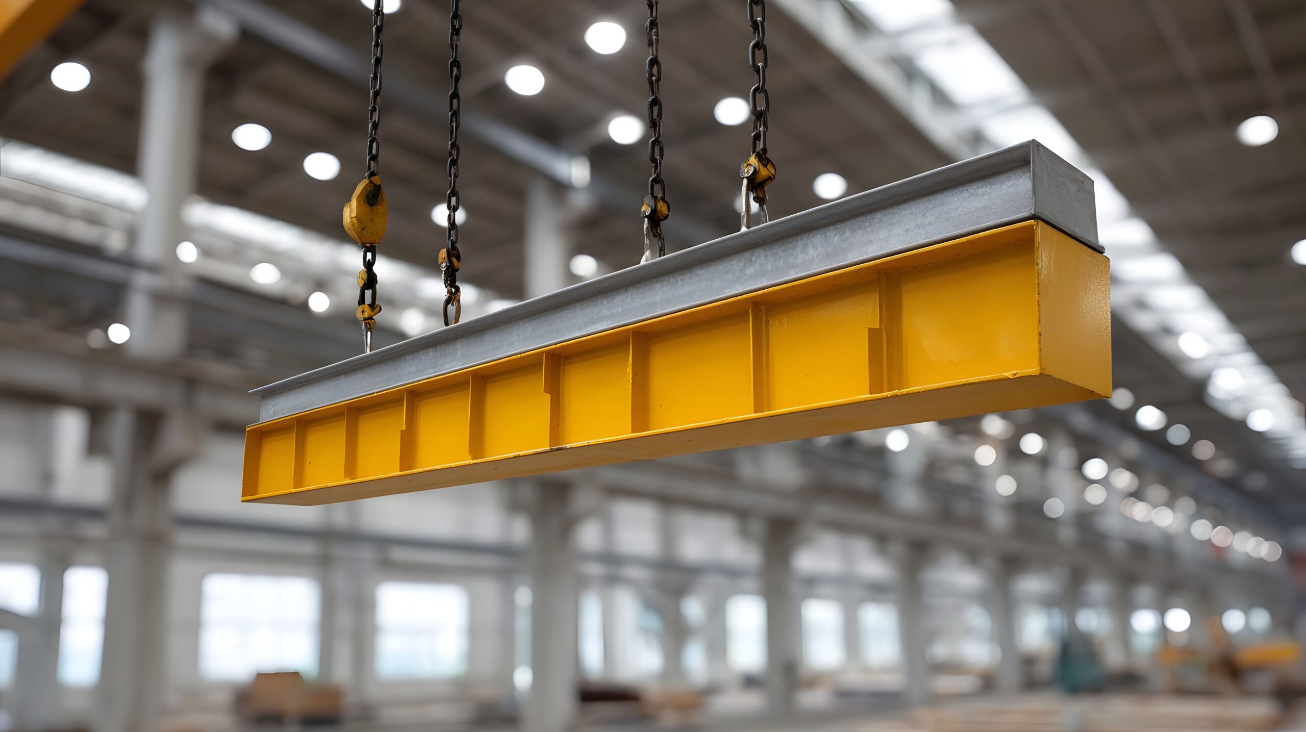 Industrial steel beam lifted by crane chains in a modern factory