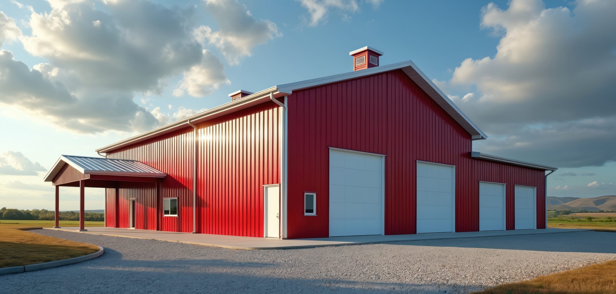 Large red metal barn with multiple garage doors sits on gravel lot. Building has white trim, roof vents and concrete floor. Rural landscape and cloudy sky form background.