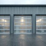 Three frosted glass garage doors on a corrugated metal building wall. They offer privacy and security. Modern commercial architecture for storage or workshop spaces.