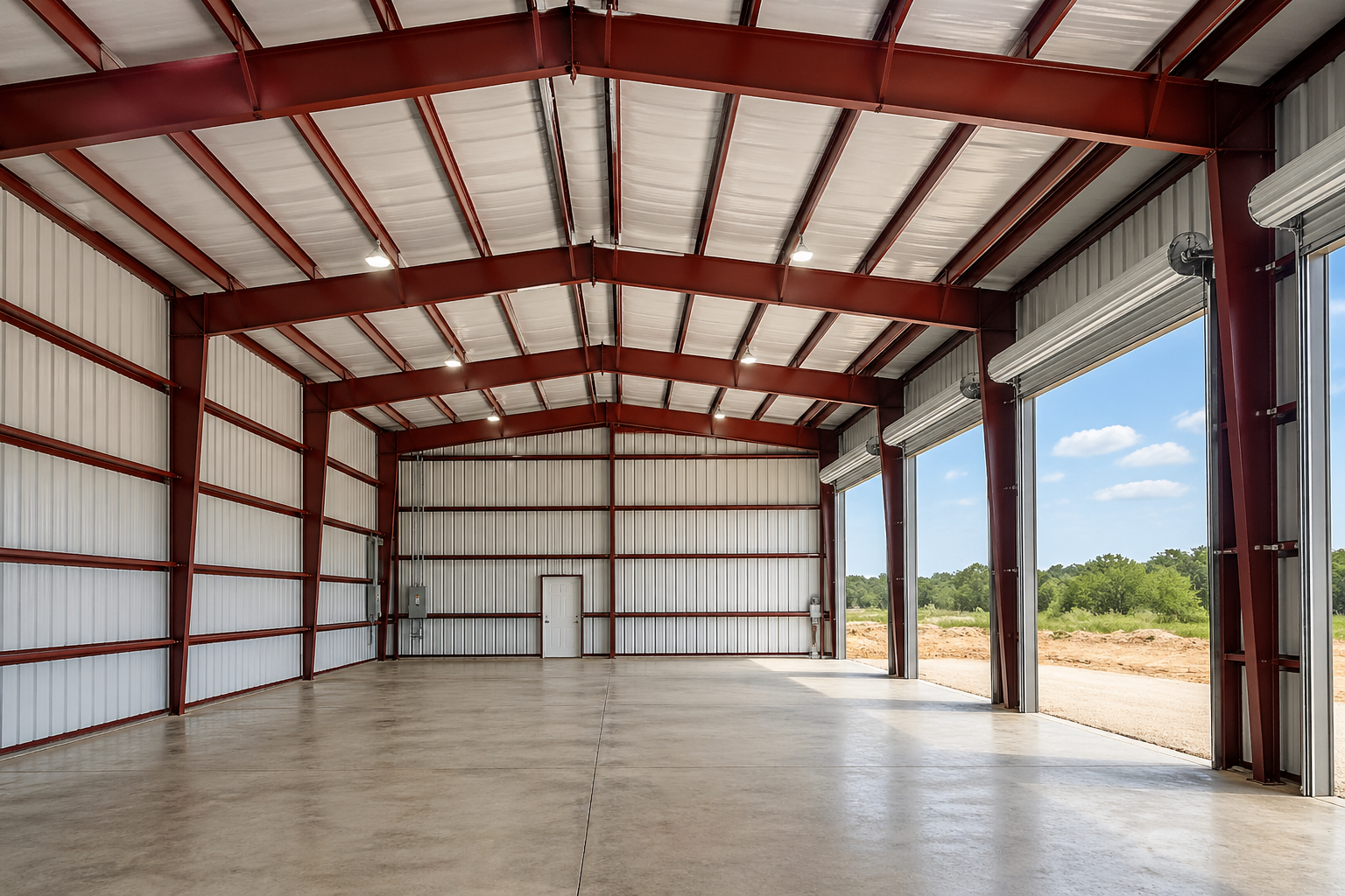 Interior of a red iron steel building with exposed structural beams, high ceilings, concrete floor, and large open bay doors allowing natural light inside.