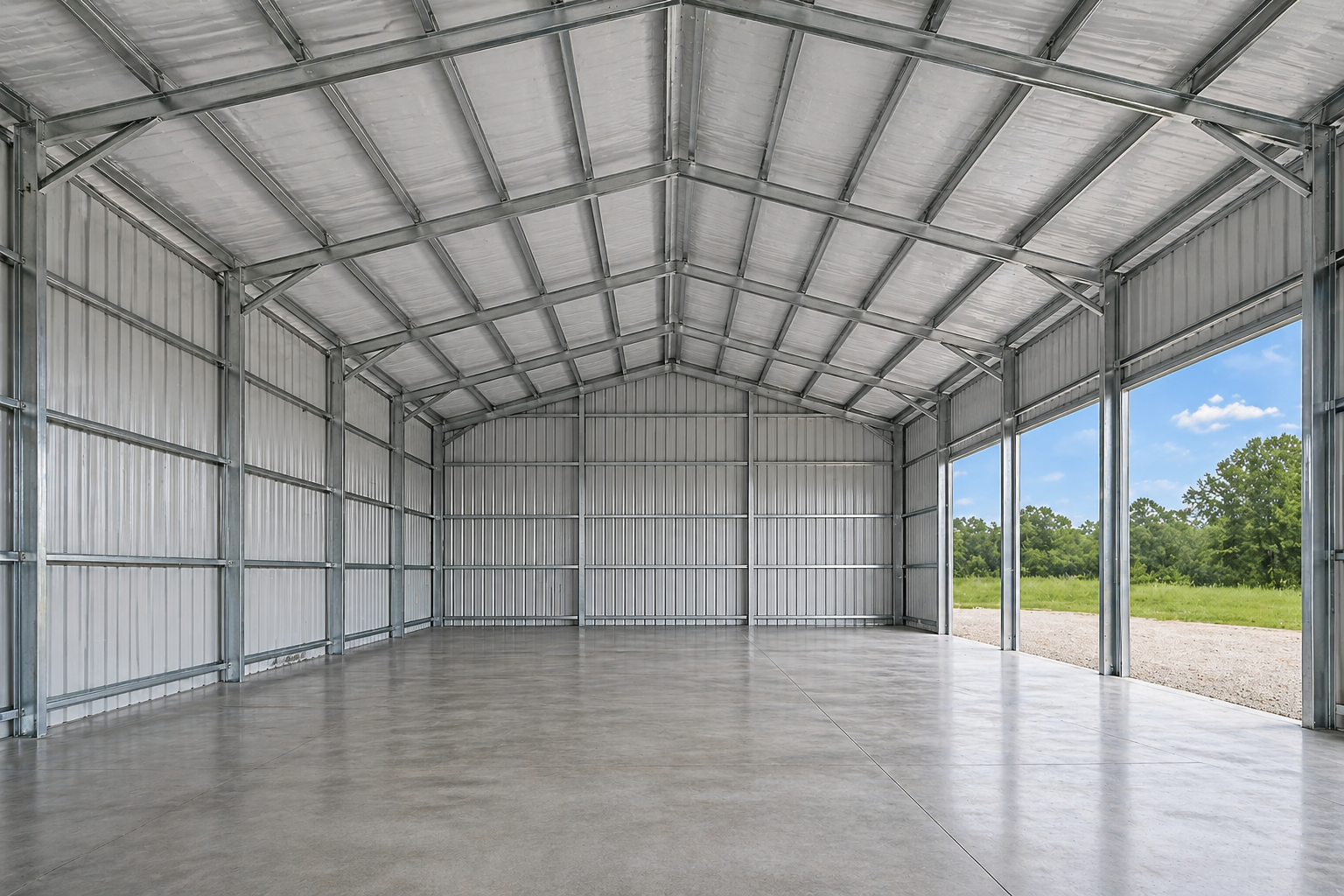 Interior of a tube steel metal building with galvanized frame, open layout, concrete flooring, and high-clearance ceiling for agricultural or workshop use.