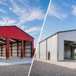 Side-by-side comparison of two metal buildings: a red iron steel building with large open bays and a gray tube steel building, both shown from the exterior with concrete slabs and clear span interiors.