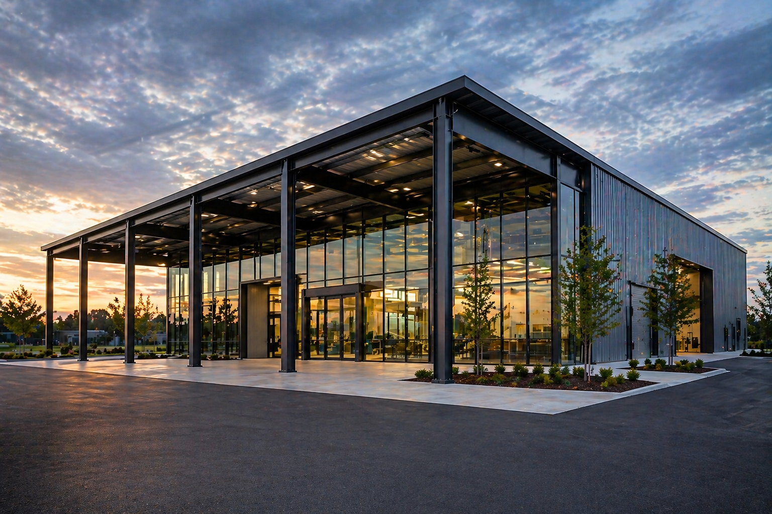 Modern tube steel building exterior with exposed structural framing, large glass façade, and clean architectural design at sunset.