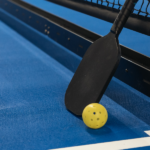 Close-up of a pickleball court with net, paddle, and ball.