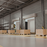 Industrial warehouse loading docks with palletized goods ready for distribution