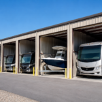 Modern RV and boat storage facility with large enclosed metal units housing motorhomes and boats under a clear blue sky.
