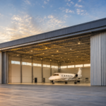 Modern aircraft hangar with a large open-span door and private jet inside during sunset, showcasing a spacious aviation facility with clean steel construction and illuminated interior lighting.