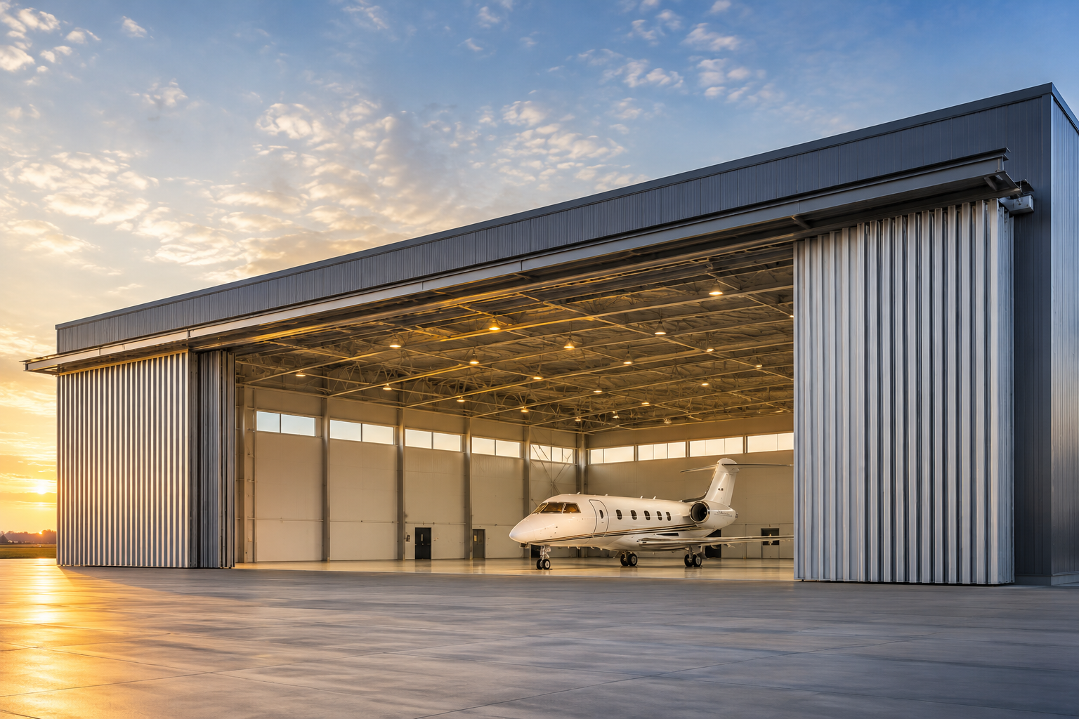 Modern aircraft hangar with a large open-span door and private jet inside during sunset, showcasing a spacious aviation facility with clean steel construction and illuminated interior lighting.