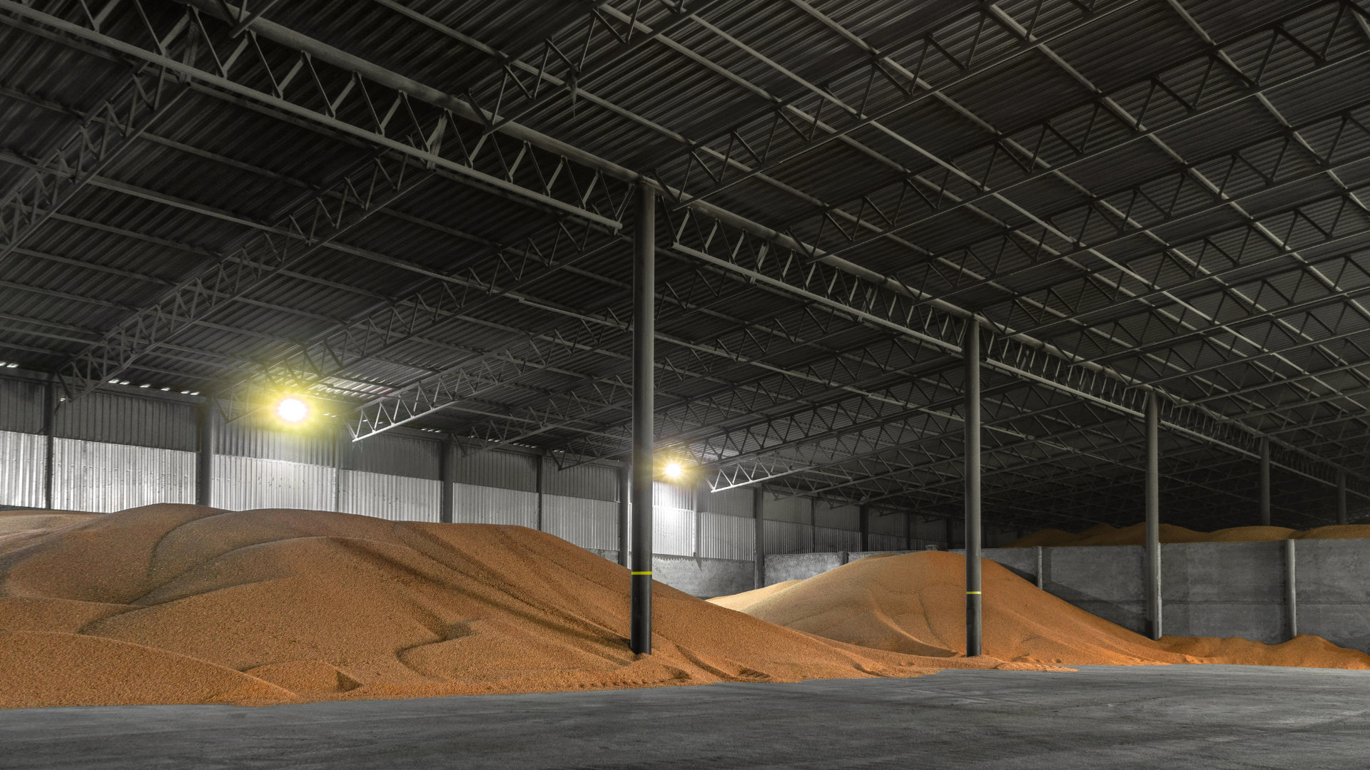 Interior of a steel grain storage building with bulk grain piles, clear-span framing, and concrete storage bays.