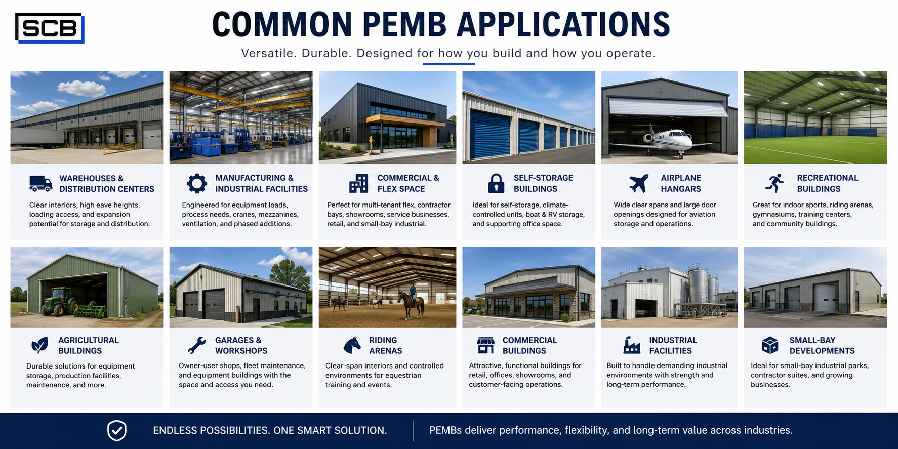 Common PEMB applications, including warehouses, self-storage, hangars, industrial facilities, commercial buildings, and recreational structures.