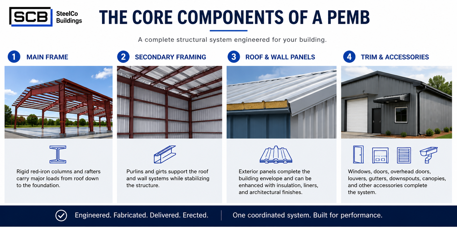 Components of a pre-engineered metal building, including the main frame, secondary framing, roof and wall panels, and accessories.