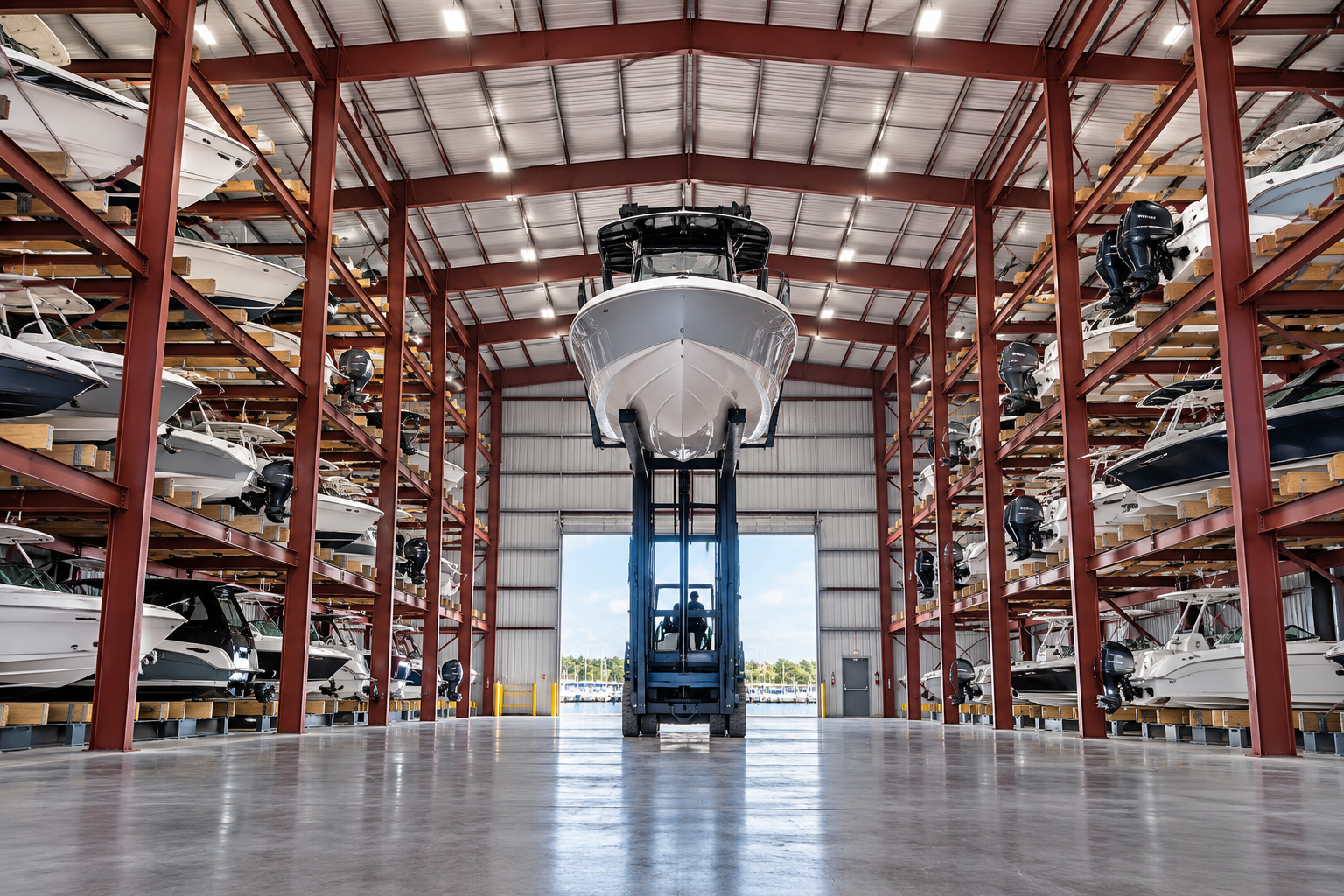 dry dock boat storage interior shot with boat lift